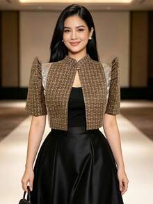 菲律賓風格女款極簡優雅泡泡短袖上衣 - 棕色 - 查看 4