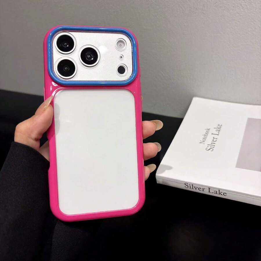 1pc Macaron Colorblock Transparent Shockproof Phone Case Compatible With Iphone 17 Pro Max/17/16/15/14, Women - Hot Pink - View 1
