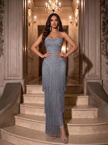 Vestido de noche elegante para mujer, sexy, con hombros descubiertos, espalda descubierta, de lujo, con flecos de strass, largo, tipo vendaje, para boda de otoño - Gris - Ver 5