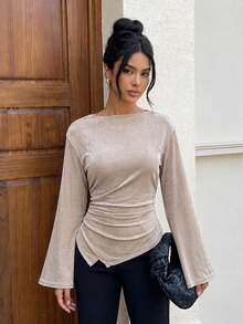 Fall Clothes For Women Vintage Tight-Fit Style Shirts Inverted Trumpet Sleeve Irregular Women's Knitted Long Sleeved Ruffled Waist Tops Going Out Tops - Khaki - View 4