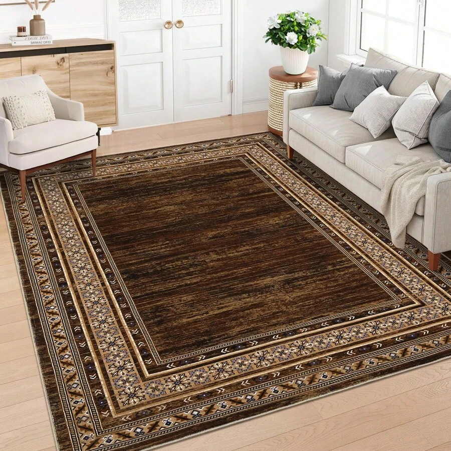 Techigher Modern Washable Area Rug - Non Slip Geometric Bordered Living Room Carpet, Foldable Thin Low Pile Floor Cover For Bedroom, Kitchen, Dining Room - Reddish-brown - View 1