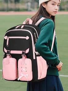 1pc Two-Tone Black-Pink Backpack With Bow Decoration, Waterproof And Ergonomic With Large Storage Capacity - Pink - View 2