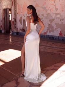 ADYCE Sleeveless Pleated Front Satin Split Back Bodycon Cami Maxi Dress For Party Club - White - View 2