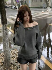 American Vintage Off-Shoulder Long Sleeve Knit Sweater, Loose Slouchy Casual Versatile Off-Shoulder Top For Women, Autumn/Winter - Dark Grey - View 4