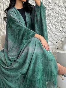 1pc Elegant Casual Tie Dye Print Abaya Cardigan Long Robe Shawl, Suitable For Daily Wear And Gatherings Spring Fall - Green - View 3