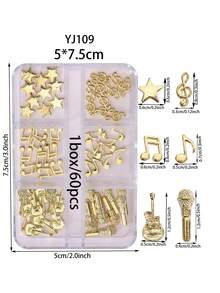 6-Grid Box Music Theme Nail Art Metal Charms Musical Notes Microphone Guitar Star Multi-Style Gold & Silver Box DIY Wearable Nail Decoration Accessories - Multicolor - View 2