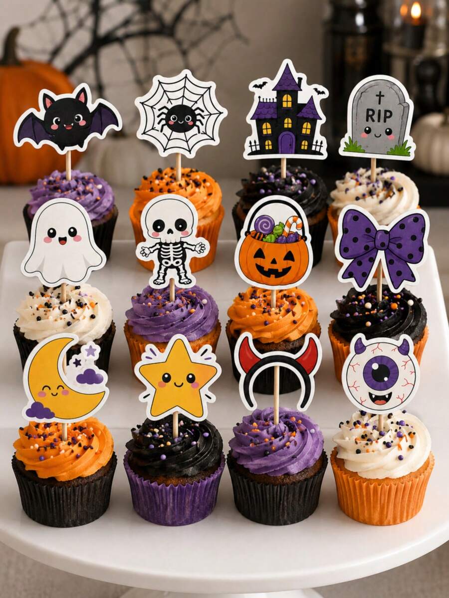 12pcs Halloween Icon Cake Toppers, Bat Ghost Spider Web Cupcake Picks, Birthday Dessert Decoration - View 1