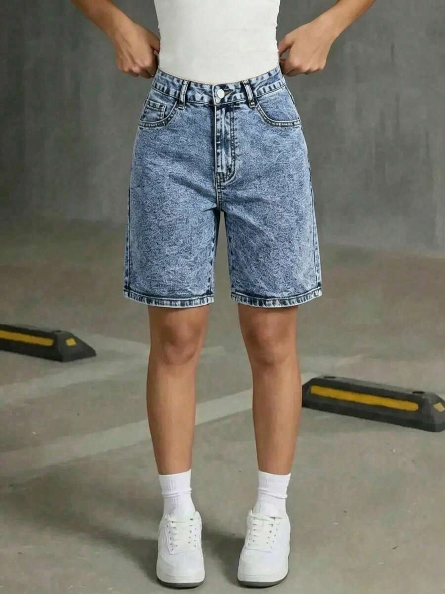 青少年女孩休閒藍色鈕扣口袋牛仔短褲 - 藍色 - 查看 1