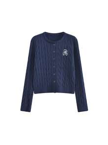 Women's Autumn/Winter Cable Knit Cardigan, Round Neck Classic Embroidered Soft Wool Sweater Jacket, Crop Top - Royal Blue - View 2