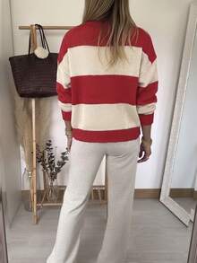 Atasan Sweater Wanita Kasual Musim Gugur/Dingin Motif Garis-garis Putih & Merah dengan Leher Bulat untuk Padu Padan Pakaian - Merah - View 6