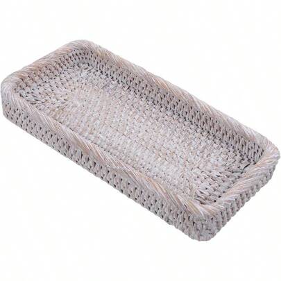 Handwoven Rattan Serving Tray With White Rectangular Drinks And Storage Organizer 10x5 Inch Farmhouse Style Decorative Basket Vanity And Tabletop Gatherings