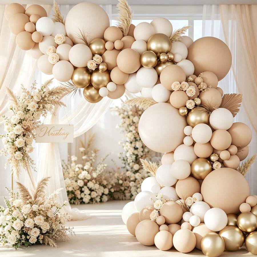 Neutral Color Balloon Arch Garland Set 102Pcs, Nude Sand White Metallic Gold Latex Balloons Included, Elegant Scene Ornaments For Wedding & Birthday Celebration Decor - Multicolor - View 1