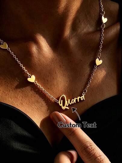1pc Personalized Handwritten Name Necklace With Tiny Solid Heart Pendant Chain, Gold Plated Stainless Steel, Women's