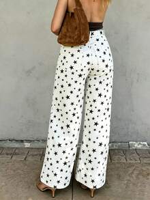 Women White Straight Jeans Star Print Loose Wide Leg Jeans Vintage Hot Girl Vacation Streetwear, Summer Fall - White - View 2