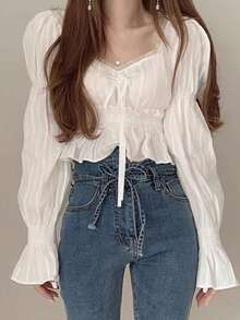 Women's White Short V-Neck Ruffle Long Sleeve Blouse With Knot And Pleated Details - White - View 3
