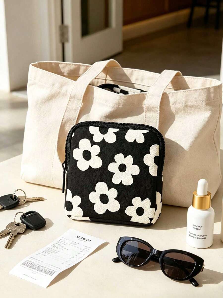 Floral Pattern Printed Coin Purse, Earphone Storage Bag, Multi-Functional Key And Card Wallet, Perfect Gift With Printed Design, Suitable For Storing Data Cables, Power Banks, Coins, Earphones, Cards And More, Applicable For Various Scenarios,Bedroom Room Decor,Back To School