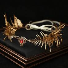 Vintage Elf Forest Gold Staghorn Fern Leaf Crown With Red Rhinestones, Adjustable Ribbon Headpiece, Suitable For Halloween Cosplay, Renaissance Wedding, Festival Party - Multicolor - View 6