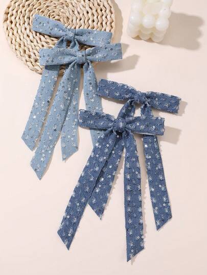 2pcs/4pcs Women's Distressed Denim Sequin Ribbon Hair Clips, Long Ribbon Bow Hair Clips, Vintage Y2K Denim Hair Accessories, Suitable For Daily Wear And Back To School Season