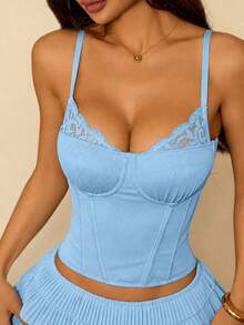 Elegant Lace Patchwork Strappy Camisole Tank Top With Tie Back And Open Back, Women's Shapewear For Wedding Season And Party Summer - Blue - View 8