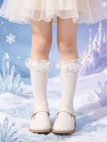 1 Pair Girls White Lace Ruffle Mid-Calf Socks, Soft Breathable Socks With Ruffle, Suitable For Fall Winter Back To School, Party Favors For Kids - Multicolor - View 3
