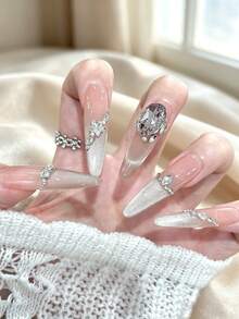 10 buah Kuku Tempel Panjang Lancip Warna Nude Silver Bentuk Mata Kucing dengan Dekorasi Kupu-kupu Rhinestone Besar, Kuku Palsu Elegan yang Dapat Digunakan Kembali untuk Pernikahan dan Kencan - MultiWarna - View 5
