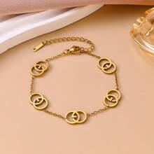 Conjunto de Pulseira, Colar e Brincos de Aço Inoxidável com Letra CG Vazada Geométrica - Dourado - Visão 6