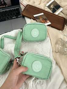 1pc Minimalist Soft Nylon Rectangular Mini Coin Purse, Embossed Logo, Zipper With Wrist Strap, Portable Card Cash Storage Pouch, Multi Pastel Colors Match Daily Outfits For Commute, Shopping, Daily Outdoor Use All Seasons - View 9