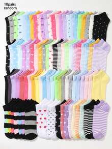 20 Pasang Kaos Kaki Pendek Bergaris Motif Hati dan Pita Polkadot Nyaman dan Bernapas, Kaos Kaki Kasual Model Perahu, Logo Kecil Gaya Minimalis; Warna Acak - MultiWarna - View 11