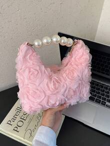 女款 3D 玫瑰腕包，大圓珍珠珠飾頂部手柄，甜美仙女風手提包，適合春季婚禮、新娘派對、情人節派對（花色隨機） - 粉色 - 查看 4