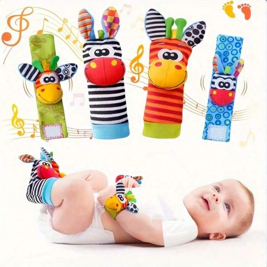 4pcs/2pcs Mainan Kerincingan Pergelangan Tangan Hewan untuk Bayi Baru Lahir, Jam Tangan Kerincingan Balita dengan Kaus Kaki, Mainan Pengenalan Warna dan Pengembangan Visual - MultiWarna - View 1
