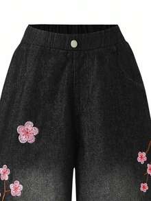 Tween Girl Black Denim Jeans Fashion New Cherry Blossom Embroidered Loose Wide Leg Casual Pants Suitable For Spring Summer Autumn Winter - Black - View 4