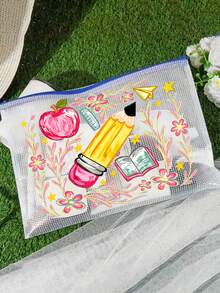 Mesh Zipper Makeup Bag,Apple Pencil Book Print,Back To School Mesh Storage Bag,Portable Zipper Stationery Pouch,Large Capacity Cosmetic Bag,Transparent Pen Bag,School Supplies Storage,For School Office Travel,Gifts For Teachers And Students - Multicolor - View 8