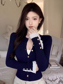 2026 英倫風羅紋針織開襟衫，圓領蕾絲袖口修身開襟衫，彈性針織面料顯瘦開襟衫，適合 18-35 歲女性，秋季款 - 藏青色 - 查看 4