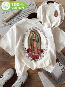 Camiseta de verano casual para mujer con estampado de doble cara, estilo vintage, estampado de Nuestra Señora de Guadalupe Reina de las Rosas, cuello redondo, manga corta, 1 - Blanco - Ver 1