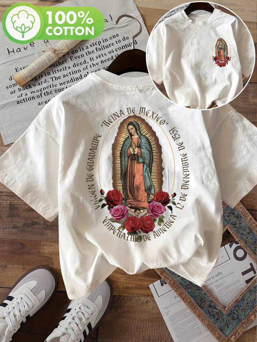 Camiseta de verano casual para mujer con estampado de doble cara, estilo vintage, estampado de Nuestra Señora de Guadalupe Reina de las Rosas, cuello redondo, manga corta, 1 - Blanco - Ver 1
