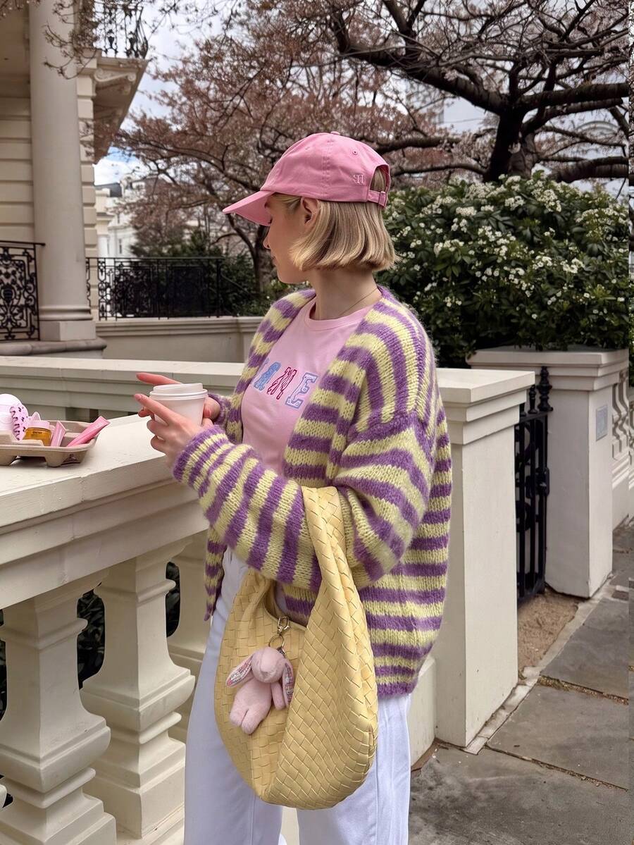 Women's Cute Commute V-Neck Long Sleeve Knit Cardigan, Soft Ribbed Knit Striped Cardigan, Autumn Daily Comfortable Minimalist Loose Top - Purple - View 1