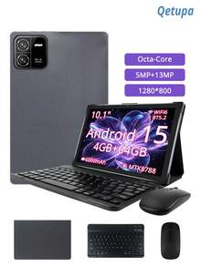 Qetupa 10.1吋安卓15平板電腦，配備保護套、鍵盤和滑鼠，8GB RAM + 128GB/256GB ROM，1280x800觸控屏，500萬像素前置鏡頭和1300萬像素後置攝像頭，6000mAh電池，（不含適配器） - 灰色 - 查看 1