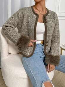 Cardigan Rajut Tweed Cokelat Elegan untuk Wanita, Jaket Sweater Lengan Panjang Terbuka Depan dengan Trim Bertekstur dan Saku untuk Lapisan Pakaian Musim Gugur dan Musim Dingin - MultiWarna - View 4