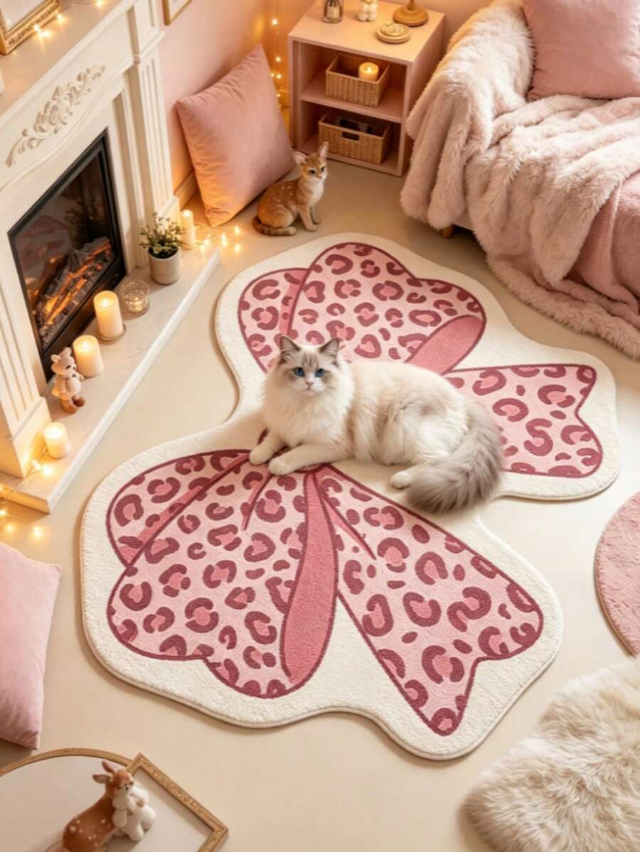 1pc Pink Leopard Print Bow Decor Floor Mat, Decorative Carpet, Bedroom Decor, Small Rug, Carpet, Home Decor, Living Room Carpet, Living Room Small Rug, Bedroom Rug, Living Room Home Decor, Outdoor Rug, Washable Carpet - Multicolor 4 - View 1