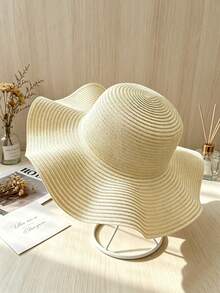 Women's Ruffle Wavy Wide Brim Straw Sun Hat, Foldable Soft Brim Beach Hat, UV Protection Vacation Outdoor Hat - Multicolor - View 10