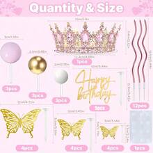 40pcs/12pcs/1pc Pink Rhinestone Crown Happy Birthday Acrylic Cake Topper Set, Gold Hollow Butterfly & Mini Ball Foam For GirlsBirthday Cake Decorations - Multicolor - View 11