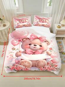 2/3PCS Girls Custom Name Pink Bow Bear Floral Balloon Print Polyester Zipper Resistant Duvet Cover Set, Sweet Girly Cartoon Bedding Set For Kids Bedroom All Seasons - Multicolor - View 13