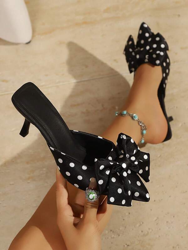 Tacones de Elegancia Diaria, Mules Deslizantes con Lazo de Lunares Negros Primavera Verano, Vibras de Historias de Vacaciones para Picnics en la Playa & Salidas al Mercado de Verano