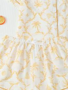 2pcs Women's Comfortable Coconut Tree & Boat Print Short Sleeve Collared Top And Bow Shorts Pajama Set, Spring/Summer - Yellow - View 7