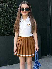 Tween Girl Numeric Print Polo Neck Tank Top And Pleated Mini Skirt Set - White - View 1