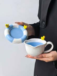 1 Set Summer Pool Duck Ceramic Coffee Cup & Saucer, Ins Style Blue & White Colorblock Embossed Little Yellow Duck Mug, Paired With Blue & White Swim Ring Plate, Personalized Creative, Cute, Gift, Commercial, Artwork - Multicolor - View 10