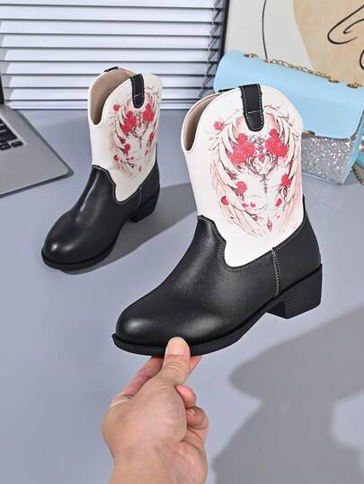 Girls' White Sequin Butterfly Hollow-Out Western Cowboy Boots With Rainbow Embroidery, Chunky Heel Mid-Calf Princess Ankle Boots For Performance, Runway And Fashion