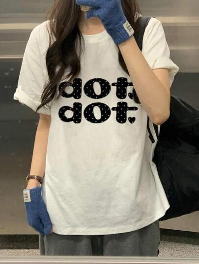 Women's Fashion Summer Round Neck Loose Versatile Letter Print Short Sleeve T-Shirt White Casual