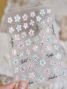 1pc Glossy Rhinestone Gradient Floral Nail Stickers, 3D Jelly Translucent Polka Dot Small Flower Elegant Cursive Self-Adhesive Nail Decals - 彩色 - 查看 7