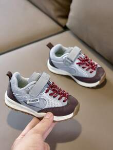 Unisex Kids' Retro Colorblock Jogging Shoes, Large Mesh Breathable Double-Layer Lace-Up Anti-Collision Toe Cap, Versatile Casual Sneakers - Grey - View 3